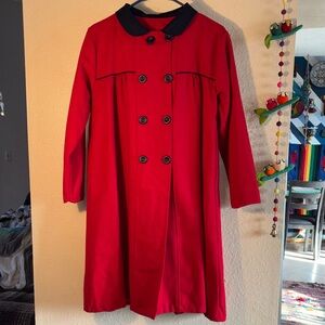 EUC VINTAGE TABITAS NINAS LONG RED WOOL PEACOAT with blue navy piping and blue n